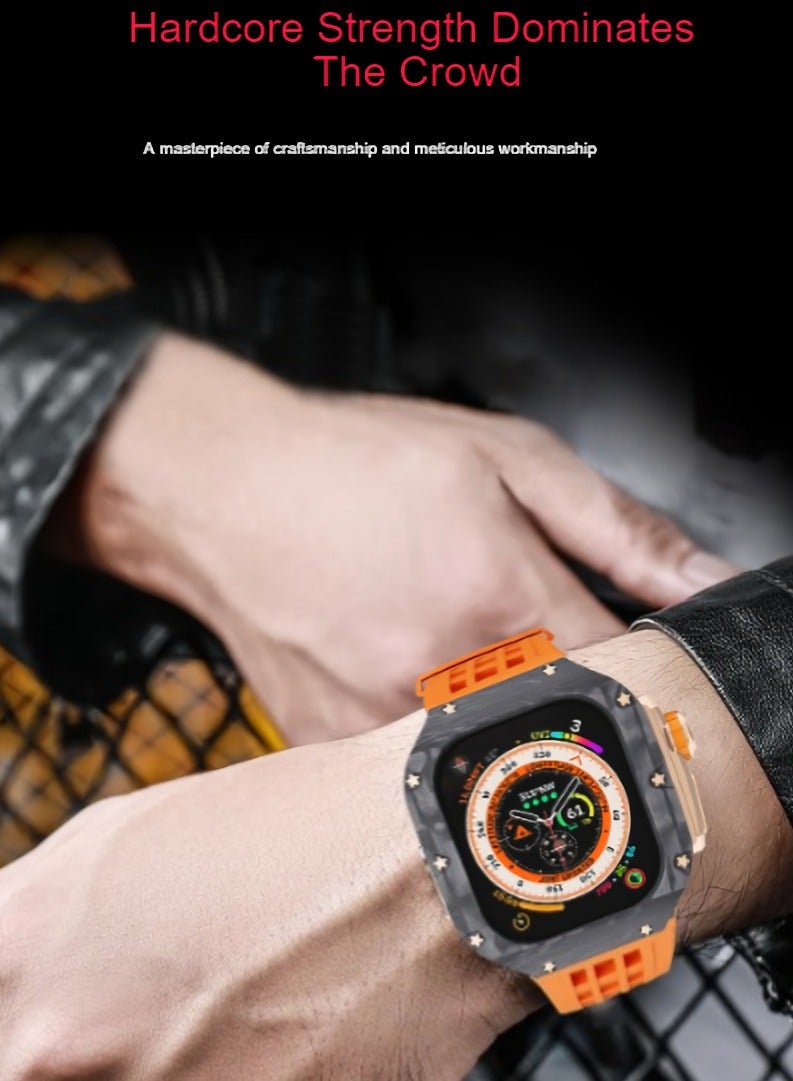 AROAQ Carbon Fiber Case For Apple Watch, 49mm Fluororubber Band Metal Bazel For Iwatch, Ultra Titanium Alloy Integrated Protective Case, (Carbon shell-black titanium frame-red tape) - Image 2