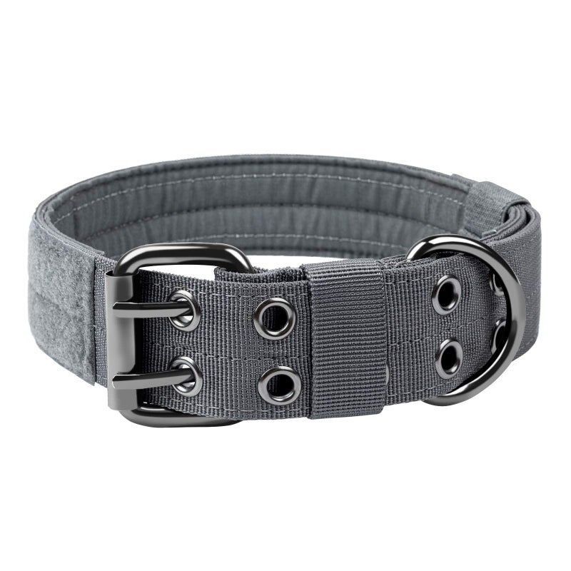 OneTigris Military Adjustable Dog Collar with Metal D Ring & Buckle 2 Sizes (L, Grey) - Image 1