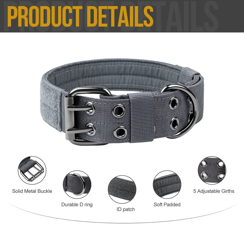 OneTigris Military Adjustable Dog Collar with Metal D Ring & Buckle 2 Sizes (L, Grey) - Image 3