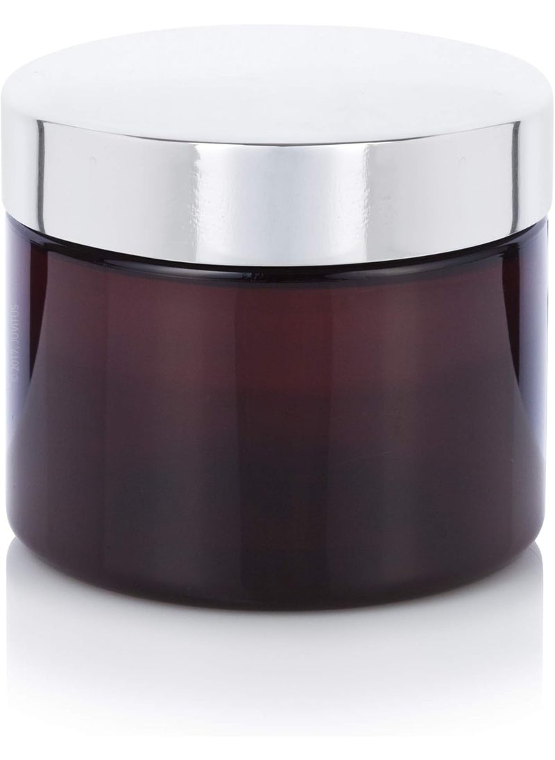 JUVITUS (12 pack) 6 oz Amber PET Plastic Jar Low Profile with Silver Metal Overshell Lid 