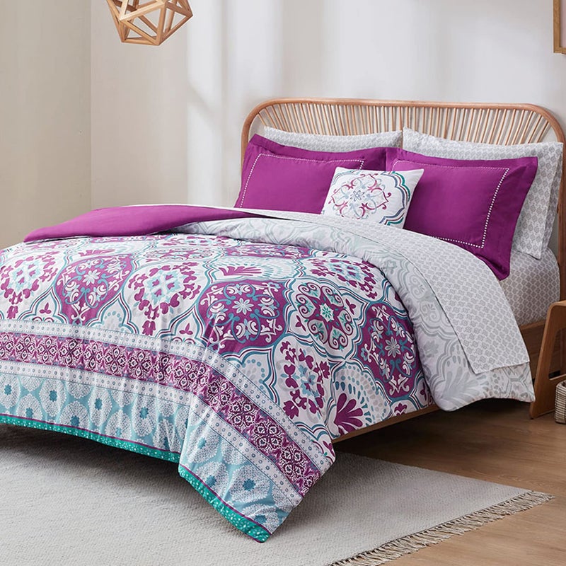 Degrees of Comfort Purple Comforter SetQueen Boho Bedding Sets with SheetsBohemian Microfibe Bed in A Bag with Side Pockets Matching Decorative Pillow 8 Piece