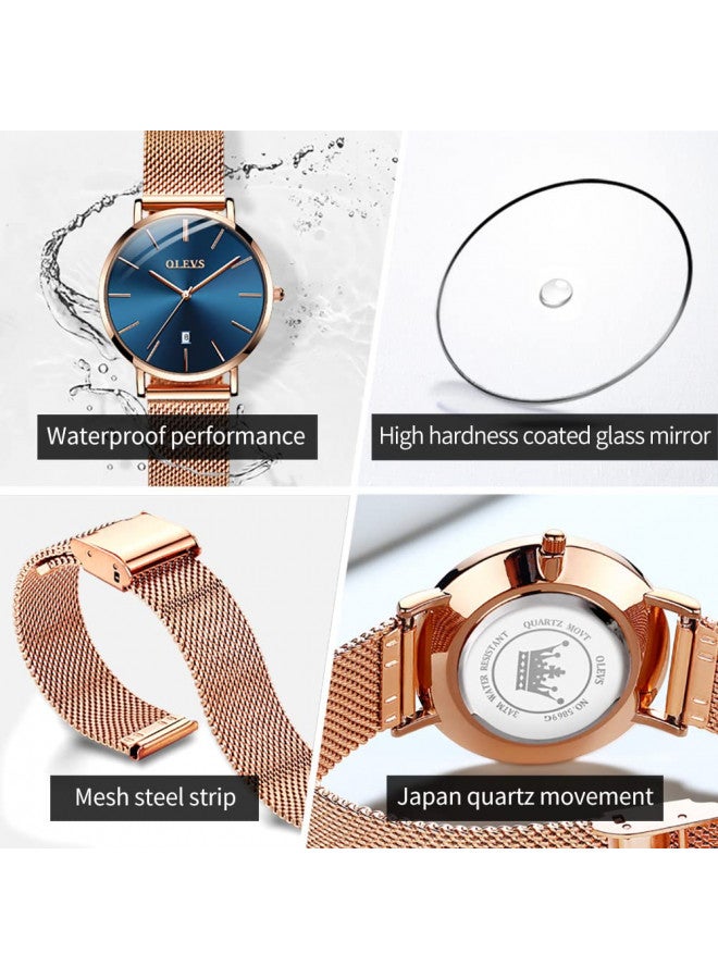 OLEVS Ultra Thin Minimalist Watches for Women and Eiffel Tower Bracelet Set Slim Casual Dress Navy Blue Dial Big Face Analog Quartz Date Wrist Watch Waterproof with Mesh Band Rose Gold - Image 2