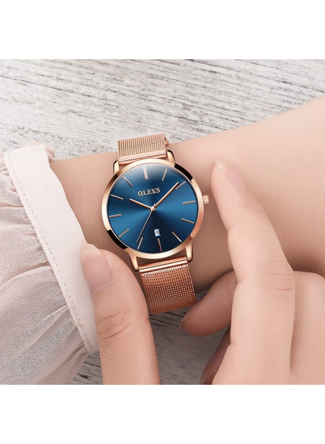 OLEVS Ultra Thin Minimalist Watches for Women and Eiffel Tower Bracelet Set Slim Casual Dress Navy Blue Dial Big Face Analog Quartz Date Wrist Watch Waterproof with Mesh Band Rose Gold