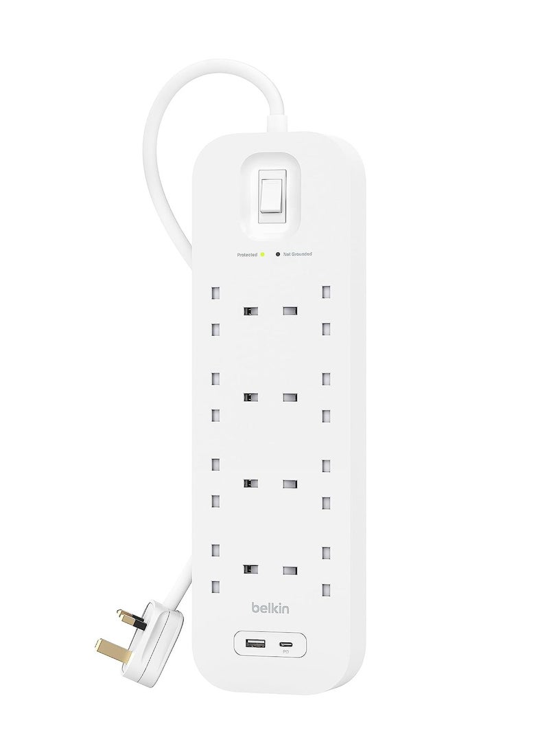 بيلكين شريط طاقة Belkin 8-Outlet Surge Protector ، قابل للتثبيت على الحائط مع 8 منافذ تيار متردد ، وسلك طاقة 2 متر ، وضوء مؤشر أخضر - منفذ USB-C ومنفذ USB-A مع شحن سريع USB-C PD - حماية 900 جول  - Image 1