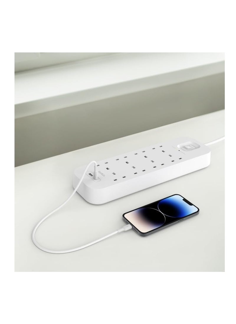 بيلكين شريط طاقة Belkin 8-Outlet Surge Protector ، قابل للتثبيت على الحائط مع 8 منافذ تيار متردد ، وسلك طاقة 2 متر ، وضوء مؤشر أخضر - منفذ USB-C ومنفذ USB-A مع شحن سريع USB-C PD - حماية 900 جول  - Image 2