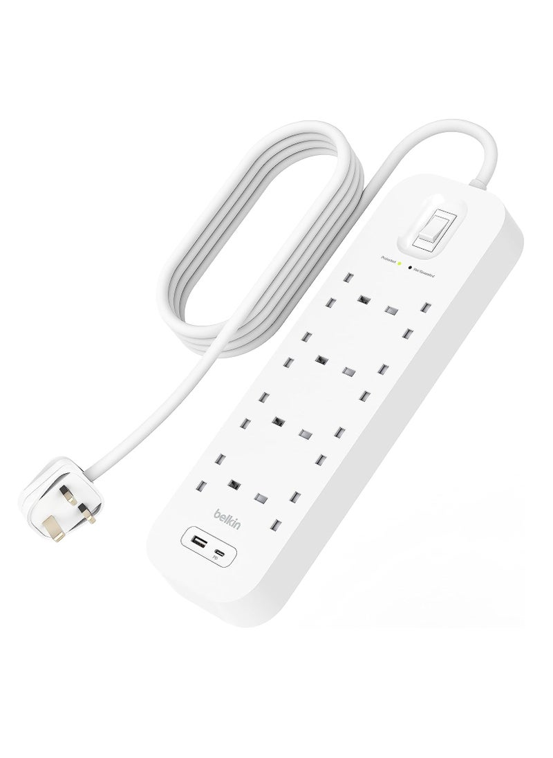 شريط طاقة Belkin 8-Outlet Surge Protector ، قابل للتثبيت على الحائط مع 8 منافذ تيار متردد ، وسلك طاقة 2 متر ، وضوء مؤشر أخضر - منفذ USB-C ومنفذ USB-A مع شحن سريع USB-C PD - حماية 900 جول