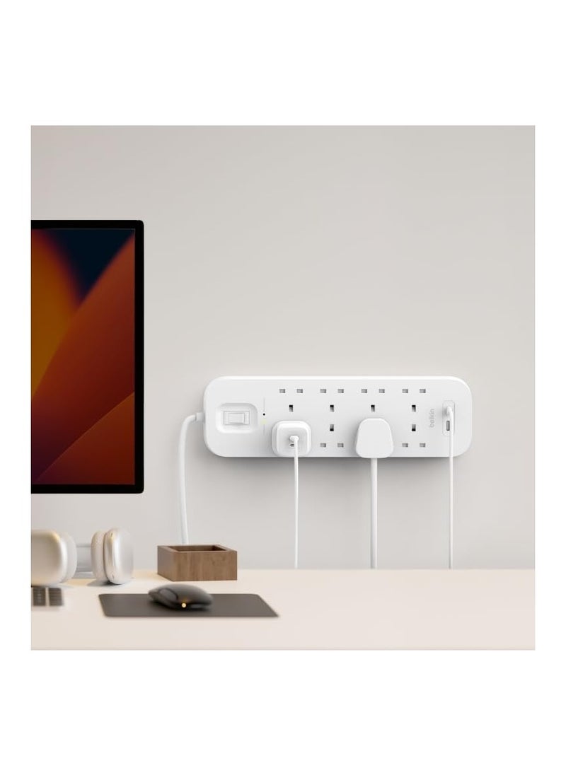 بيلكين شريط طاقة Belkin 8-Outlet Surge Protector ، قابل للتثبيت على الحائط مع 8 منافذ تيار متردد ، وسلك طاقة 2 متر ، وضوء مؤشر أخضر - منفذ USB-C ومنفذ USB-A مع شحن سريع USB-C PD - حماية 900 جول  - Image 3