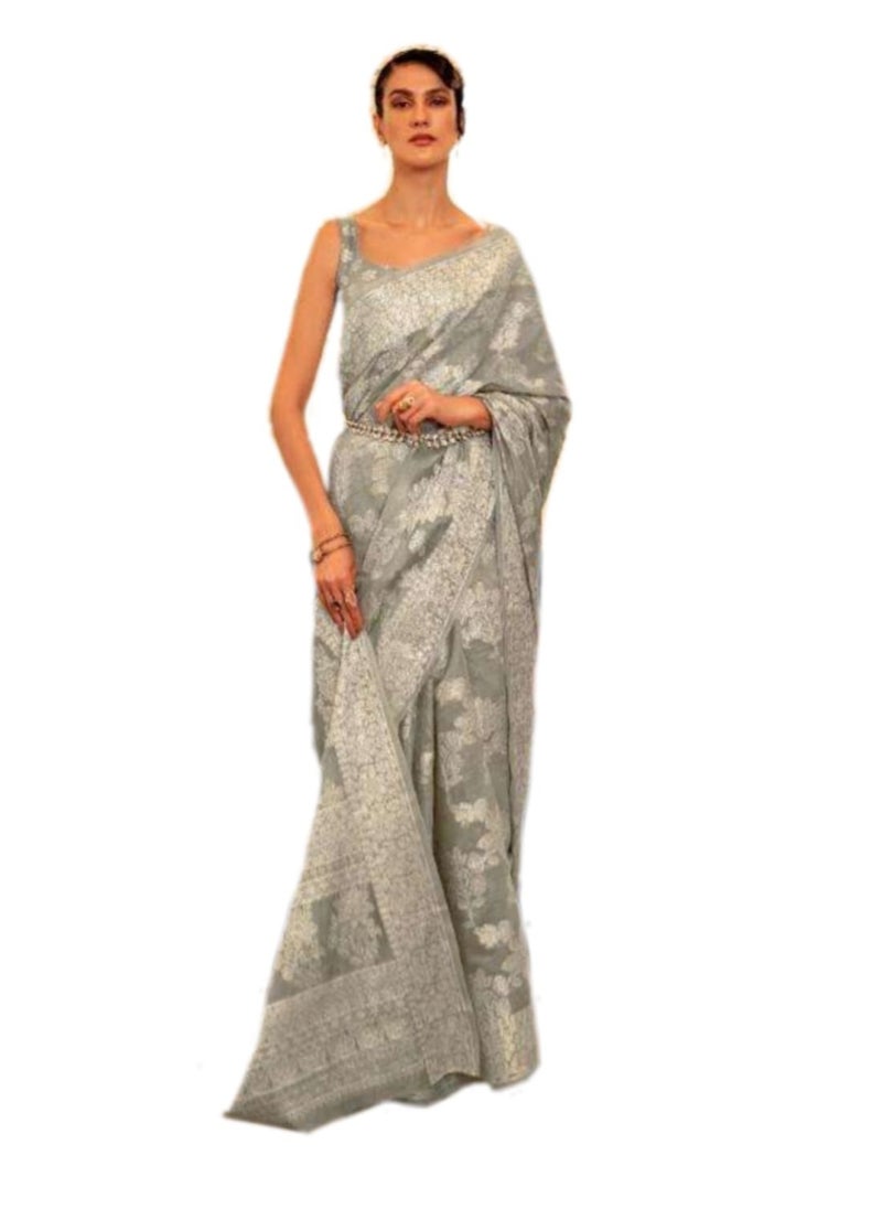 Grab Mantra - Silver Base Silk Saree With Golden Zari And Lakhnavi Work Plus Unstitched Blouse - Image 1