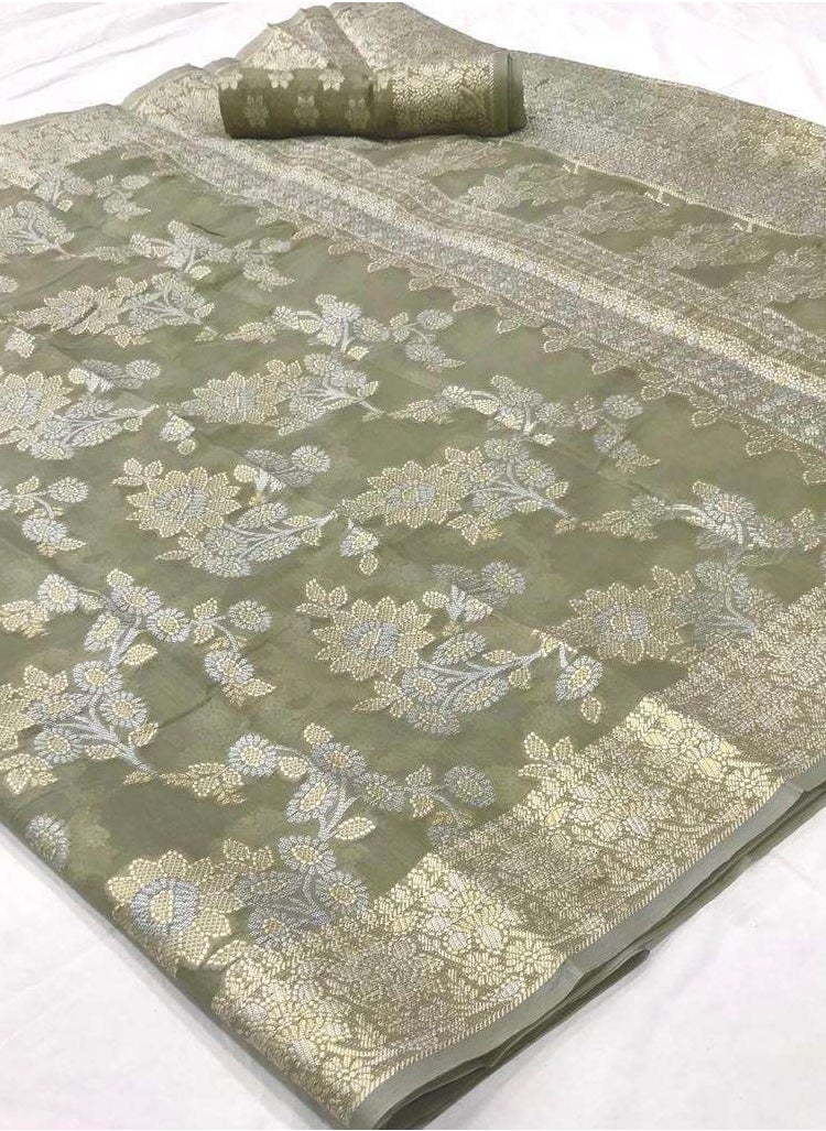 Grab Mantra - Silver Base Silk Saree With Golden Zari And Lakhnavi Work Plus Unstitched Blouse - Image 1
