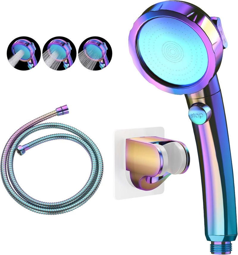 KAIYING Drill-Free High Pressure Handheld Shower Head with ON/OFF Switch, 3 Spray Modes - Polished Finish, Shower Head (Radiant Rainbow) + Bracket + Hose - Image 1