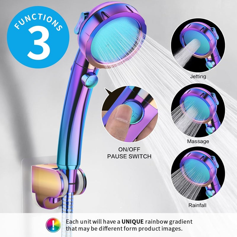 KAIYING Drill-Free High Pressure Handheld Shower Head with ON/OFF Switch, 3 Spray Modes - Polished Finish, Shower Head (Radiant Rainbow) + Bracket + Hose - Image 2