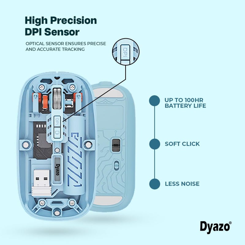 Dyazo Transparent Wireless Mouse | Dual Mode 2.4 GHz + BT 5.2 | Rechargeable Battery | Transparent Design with Noise Free Clicking | Adjustable DPI | Compatible with MacBook, Laptop and PC (Blue) - Image 5