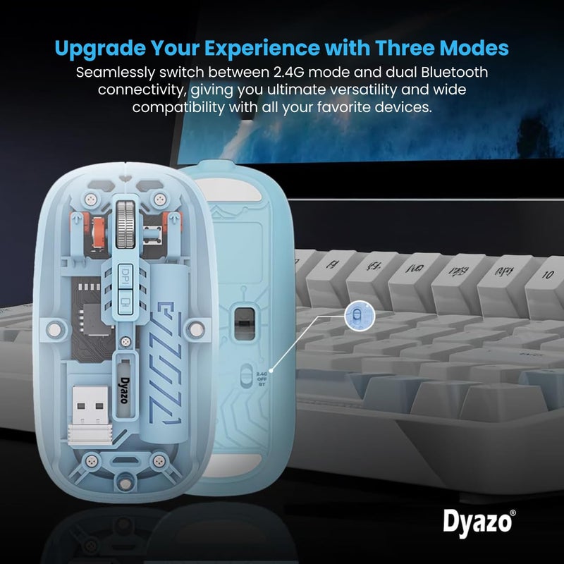 Dyazo Transparent Wireless Mouse | Dual Mode 2.4 GHz + BT 5.2 | Rechargeable Battery | Transparent Design with Noise Free Clicking | Adjustable DPI | Compatible with MacBook, Laptop and PC (Blue) - Image 2