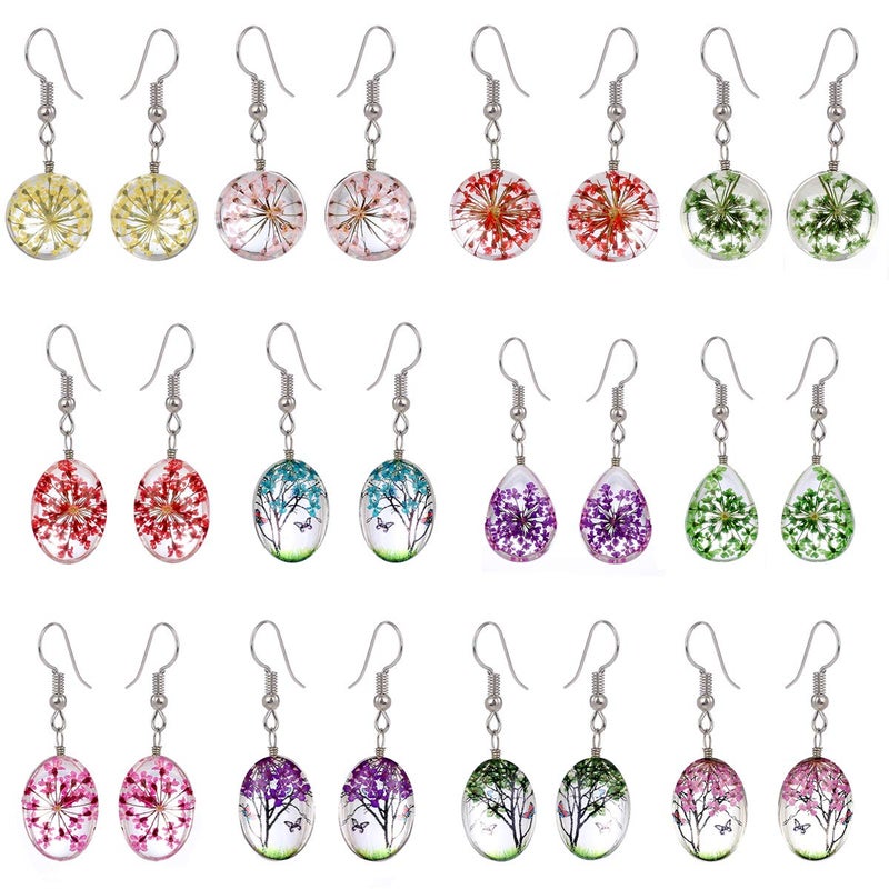 Tamhoo 12 Pairs Multicolor Pressed Flower Dangle Earrings for Women-Life of Tree Drop Earrings for Grils- Womens Dangle Earrings Pack- Teen Girls Earrings Yellow Pink Purple Red Green Earring Set for Teens - Image 1