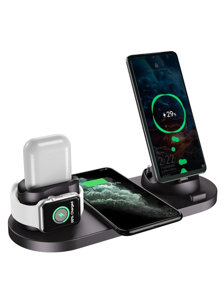 6-in-1 Wireless Charger Stand Pad for Apple Watch, iPhone 13/12/11/11 Pro/11 Pro Max/X/XS/XR, Samsung S20/S10, and Other Qi Phones: Charging Dock Station (Black)  - Image 1
