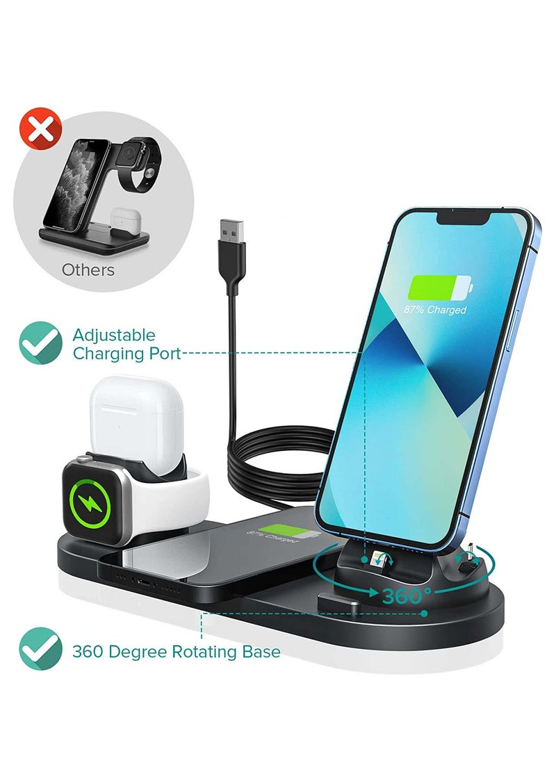 6-in-1 Wireless Charger Stand Pad for Apple Watch, iPhone 13/12/11/11 Pro/11 Pro Max/X/XS/XR, Samsung S20/S10, and Other Qi Phones: Charging Dock Station (Black)  - Image 4