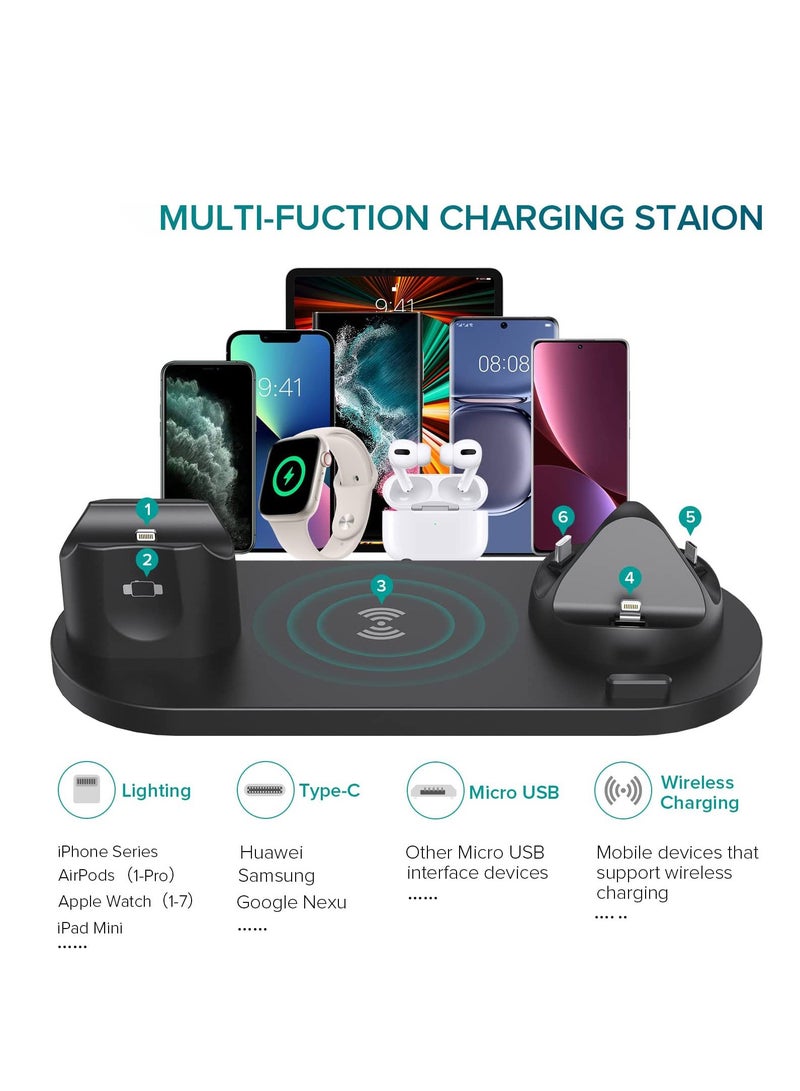6-in-1 Wireless Charger Stand Pad for Apple Watch, iPhone 13/12/11/11 Pro/11 Pro Max/X/XS/XR, Samsung S20/S10, and Other Qi Phones: Charging Dock Station (Black)  - Image 3