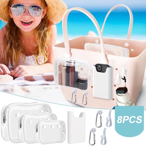 Everfunny 3 Pcs Clear Bogg Beach Tote Bag with 4 Pcs Insert Hooks and 1 Phone Holder Accessories for Bogg Bags Travel Makeup Clean Toiletry Brush Organizer Cosmetic Divider Storage Inner Pouch (White set of 4) - Image 3