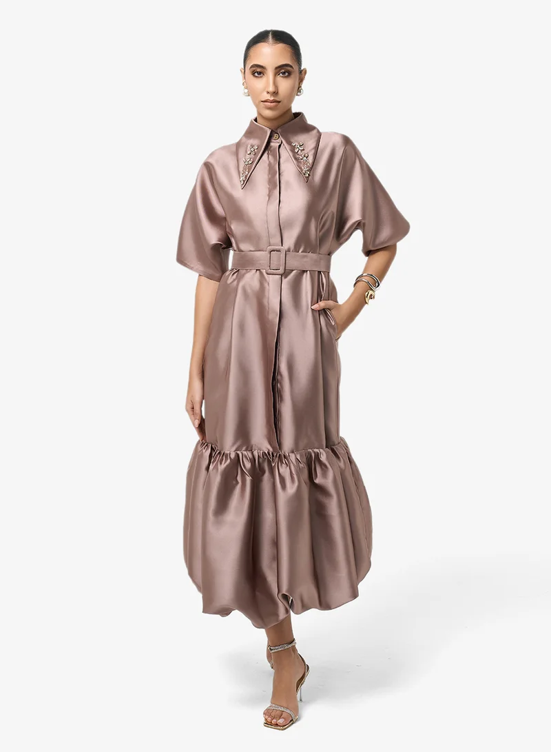 Threadz by Ajooni  Button Detail Belted Midi Dress for Women | Best Price UAE