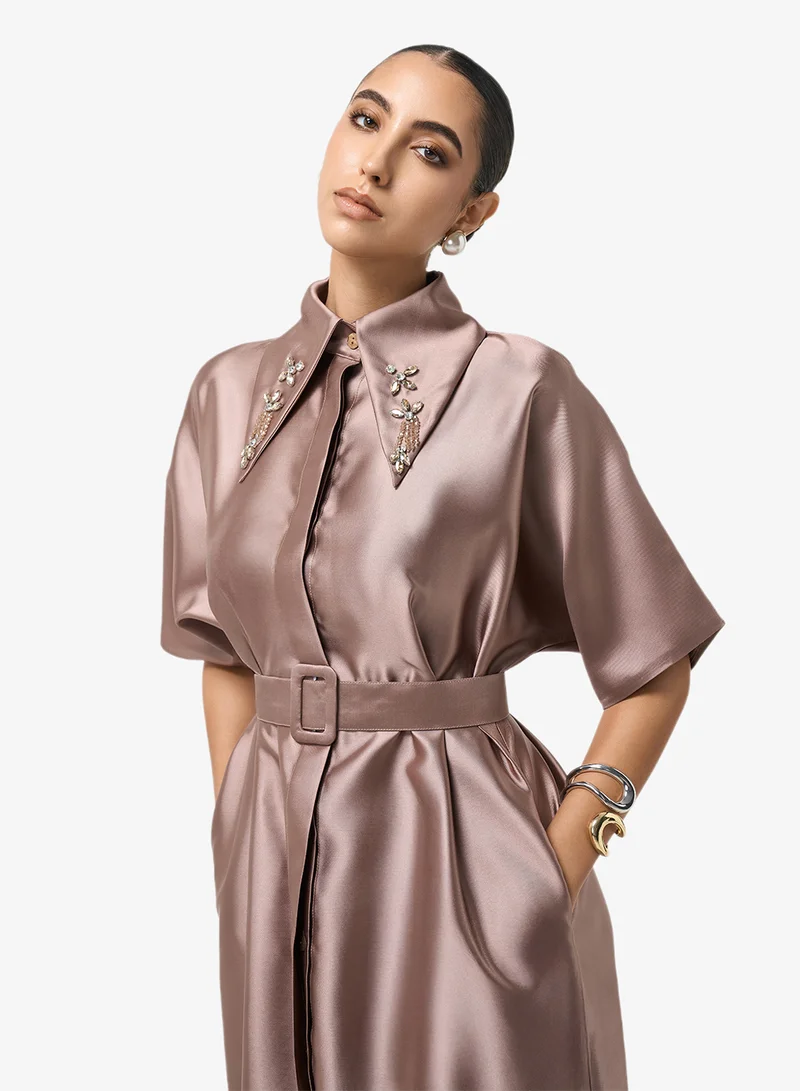Threadz by Ajooni  Button Detail Belted Midi Dress for Women | Best Price UAE