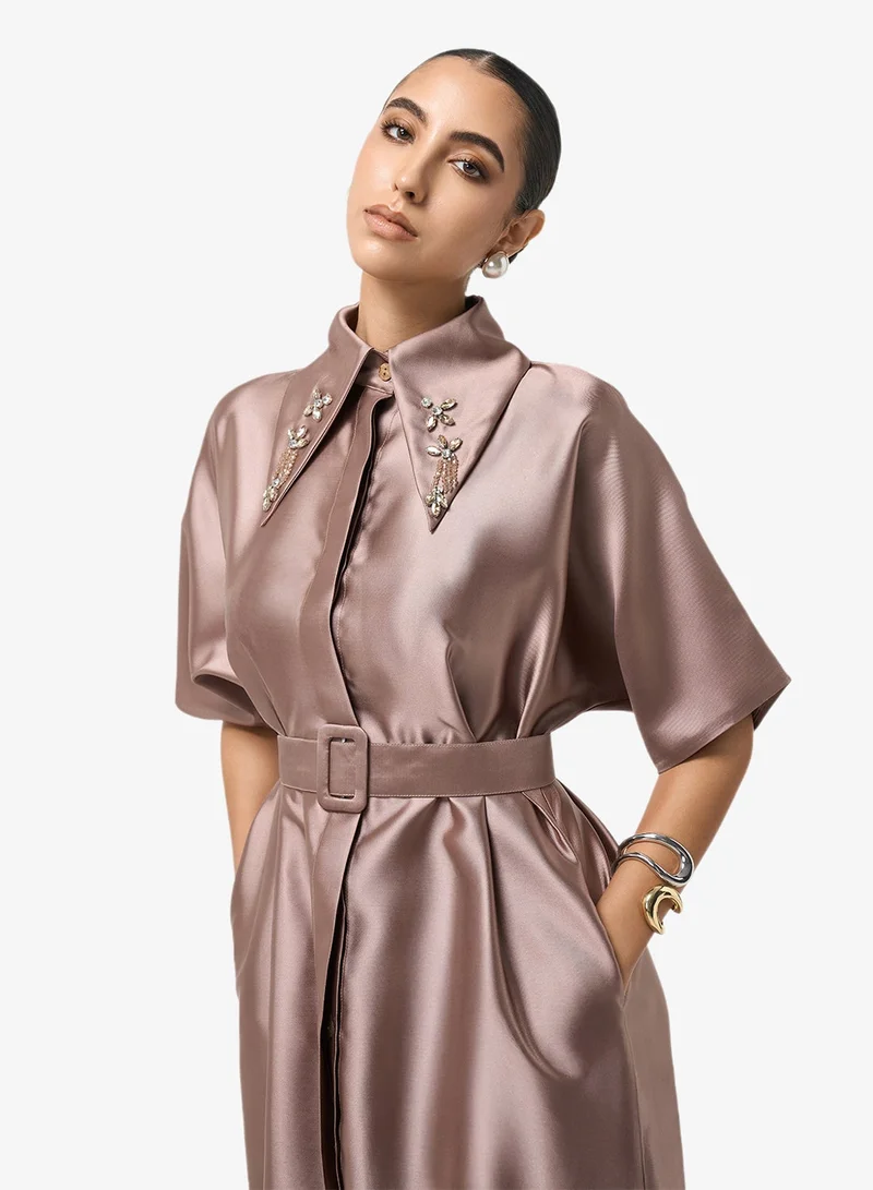 Threadz By Ajooni  Button Detail Belted Midi Dress for Women | Best Price UAE