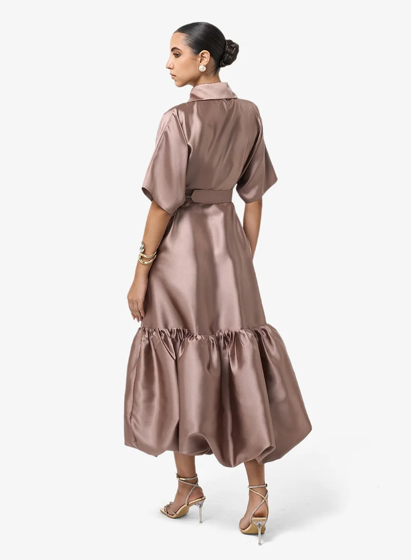 Threadz By Ajooni  Button Detail Belted Midi Dress for Women | Best Price UAE