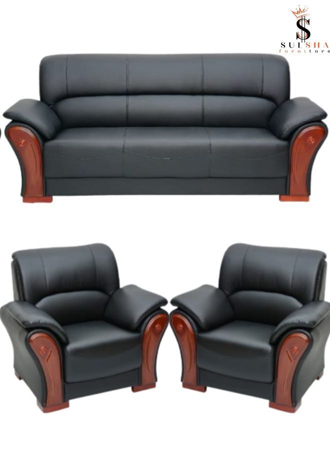 سلشا طقم كنب 5 مقاعد من الجلد الناعم الحديث للمنزل الجميل ، غرفة الاجتماعات ، المكتب ، غرفة المعيشة - أسود 3 + 1 + 1 - Image 1