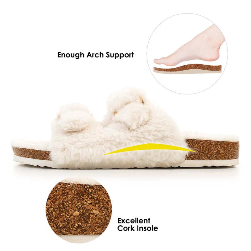 FITORY Womens Open Toe Slipper with Cozy Lining,Faux Rabbit Fur Cork Slide Sandals Beige Size 8 - Image 2