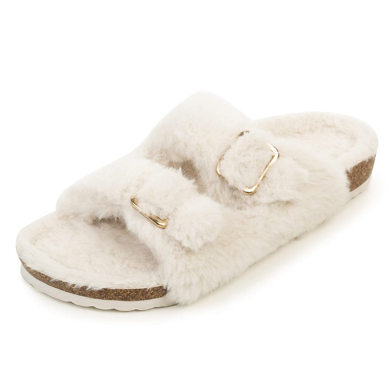 FITORY Womens Open Toe Slipper with Cozy Lining,Faux Rabbit Fur Cork Slide Sandals Beige Size 8 - Image 3