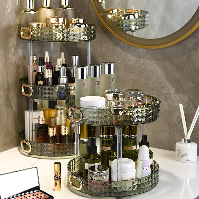 Lighterday 360 Degree Rotating Makeup OrganiserSpinning Cosmetics Organiser Skincare Organiser Perfume Organiser Spice Organiser Makeup Storage for Dresser Bedroom Bathroom 2 Tiers White Small