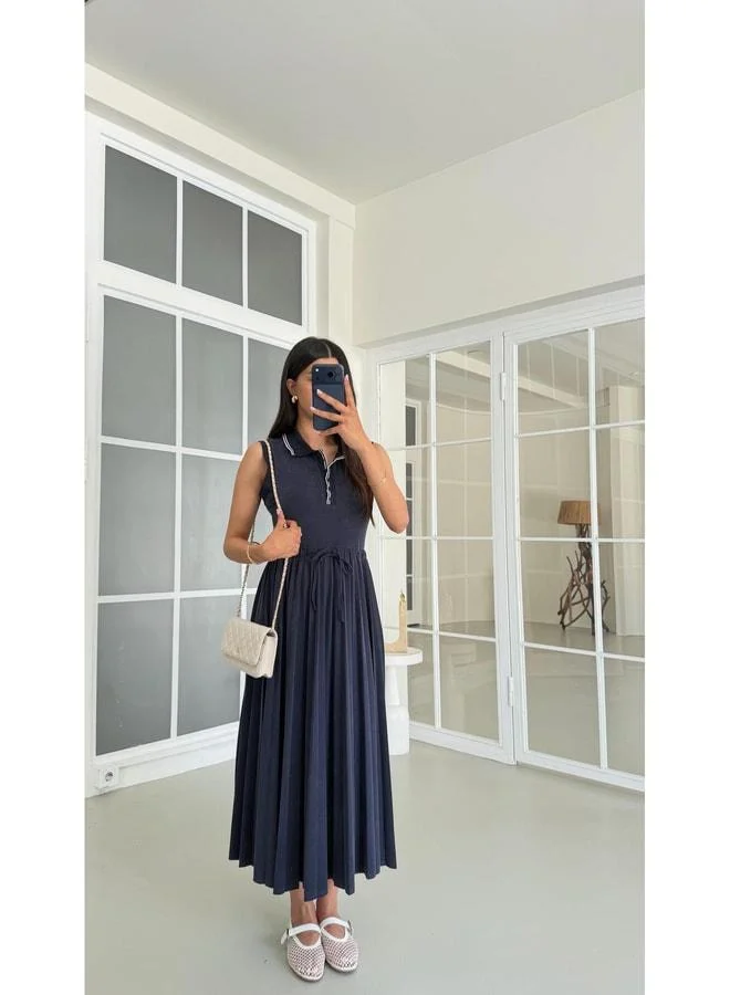 Gaus Navy Blue Polo Collar Adjustable Waist Elastic Pleated Dress GAUS-01669 GAUS-01821.