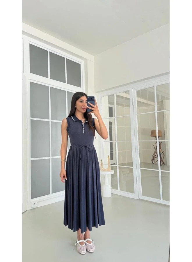 Gaus  Navy Blue Polo Collar Adjustable Waist Elastic Pleated Dress GAUS-01669 GAUS-01821. for Women | Best Price UAE