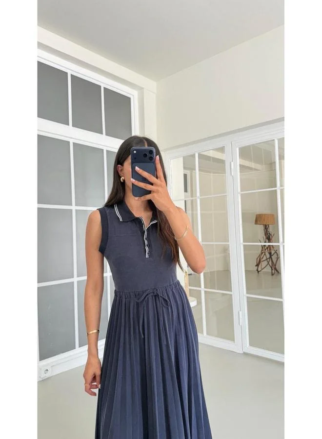 Gaus Navy Blue Polo Collar Adjustable Waist Elastic Pleated Dress GAUS-01669 GAUS-01821.