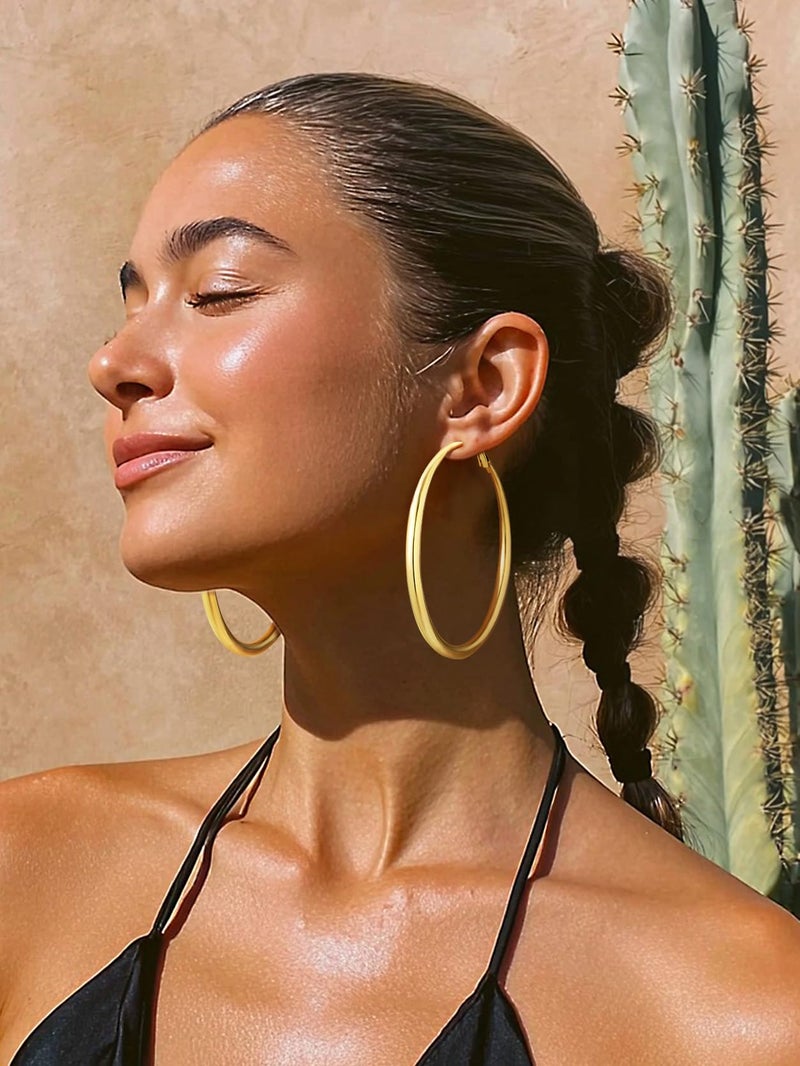 KeyStyle Womens Big Gold Graduated Hoops Earrings Oversized, 80 mm Classic Jumbo Graduated Hoop Earring Big Loops, Stainless Steel Simple Ear Jew for Sensitive Ears - Image 2