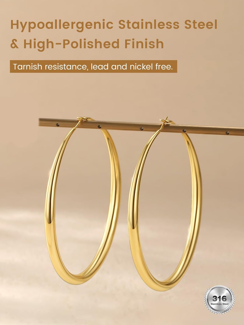 KeyStyle Womens Big Gold Graduated Hoops Earrings Oversized, 80 mm Classic Jumbo Graduated Hoop Earring Big Loops, Stainless Steel Simple Ear Jew for Sensitive Ears - Image 4