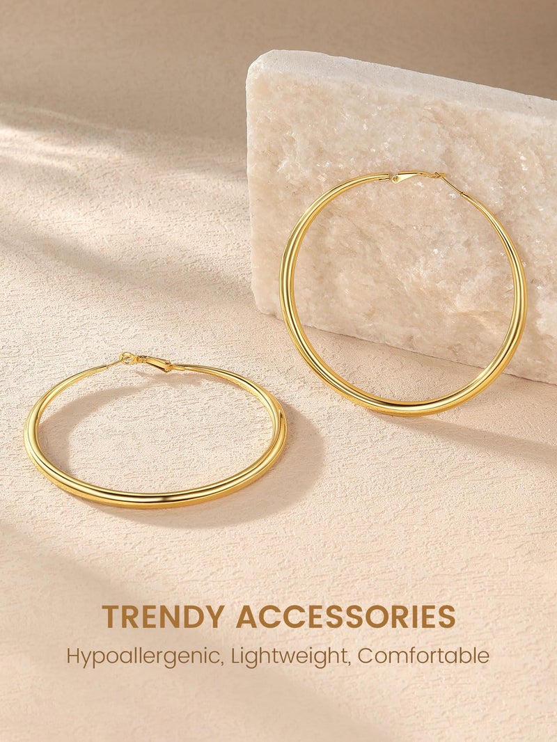 KeyStyle Womens Big Gold Graduated Hoops Earrings Oversized, 80 mm Classic Jumbo Graduated Hoop Earring Big Loops, Stainless Steel Simple Ear Jew for Sensitive Ears - Image 3