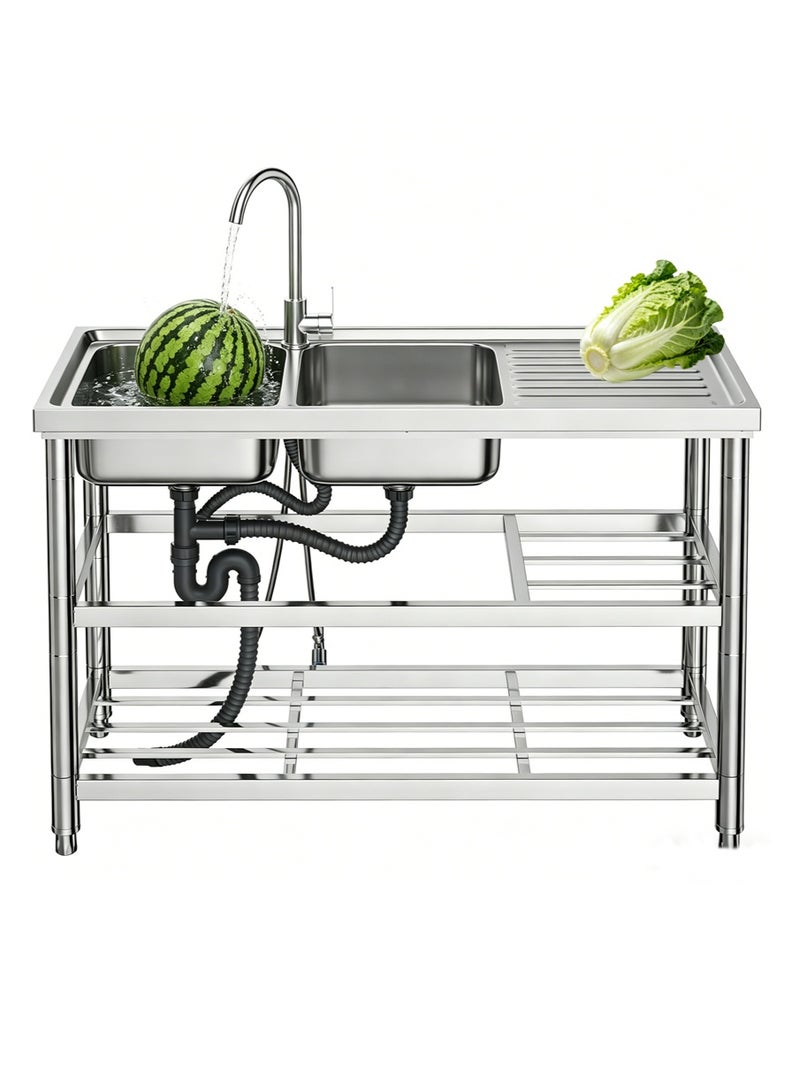 Aikanbo Freestanding Stainless Steel Double-Bowl Commercial Kitchen Sink Set For Restaurants，Complete With Tap And Drainer，Practical Double-Bowl Sink With Worktop And Three-Tier Storage Rack (120×50cm) - Image 1