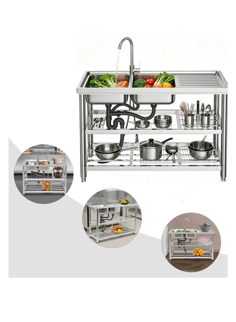Aikanbo Freestanding Stainless Steel Double-Bowl Commercial Kitchen Sink Set For Restaurants，Complete With Tap And Drainer，Practical Double-Bowl Sink With Worktop And Three-Tier Storage Rack (120×50cm) - Image 4