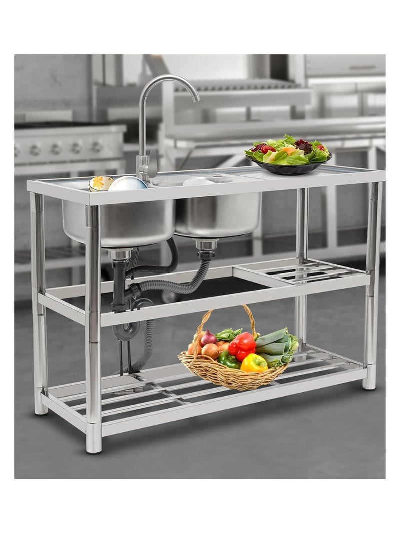 Aikanbo Freestanding Stainless Steel Double-Bowl Commercial Kitchen Sink Set For Restaurants，Complete With Tap And Drainer，Practical Double-Bowl Sink With Worktop And Three-Tier Storage Rack (120×50cm) - Image 5