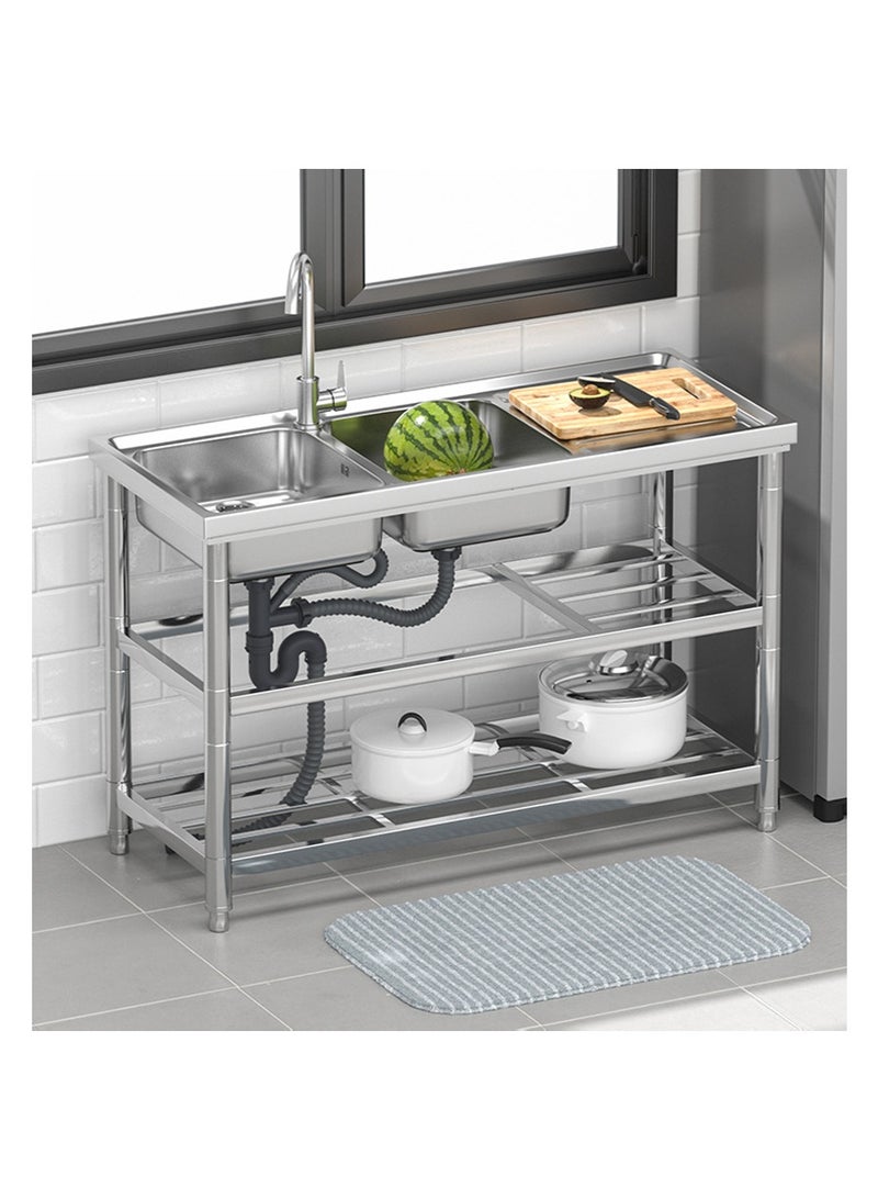Aikanbo Freestanding Stainless Steel Double-Bowl Commercial Kitchen Sink Set For Restaurants，Complete With Tap And Drainer，Practical Double-Bowl Sink With Worktop And Three-Tier Storage Rack (120×50cm) - Image 2