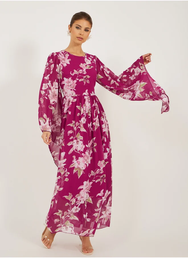 Styli Printed Long Sleeve A-Line Maxi Dress