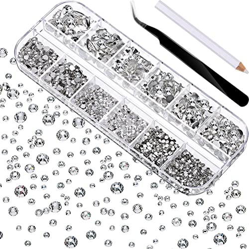 Jubilant 2000 Pieces Flat Back Gems Round Crystal Rhinestones 6 Sizes (1.5-6 mm) with Pick Up Tweezer and Rhinestones Picking Pen for Crafts Nail Face Art Clothes Shoes Bags DIY (Clear) - Image 1