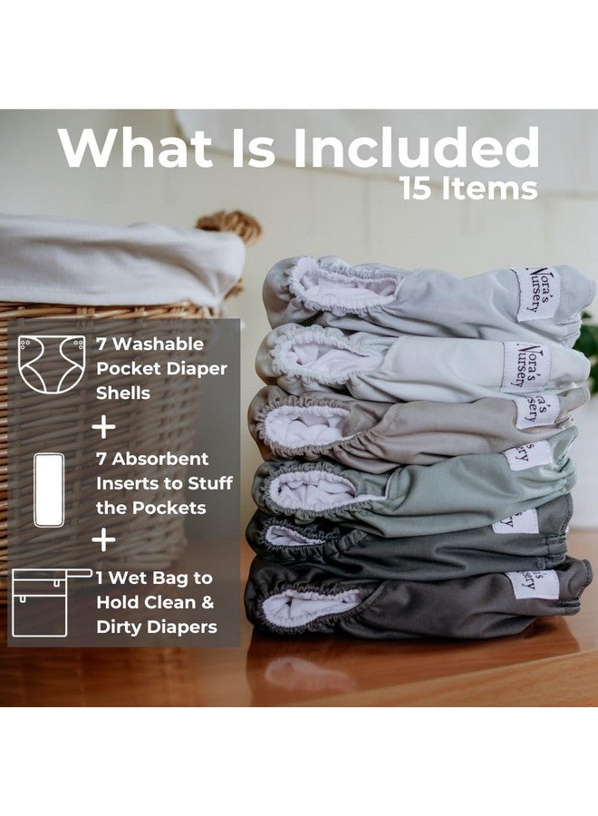 Nora's Nursery AWJ Cloth Diapers 7 Pack with 1 Wet Bag - Waterproof Cover, Washable, Reusable & One Size Adjustable Pocket Diapers for Newborns and Toddlers - Morning Dew - Image 2