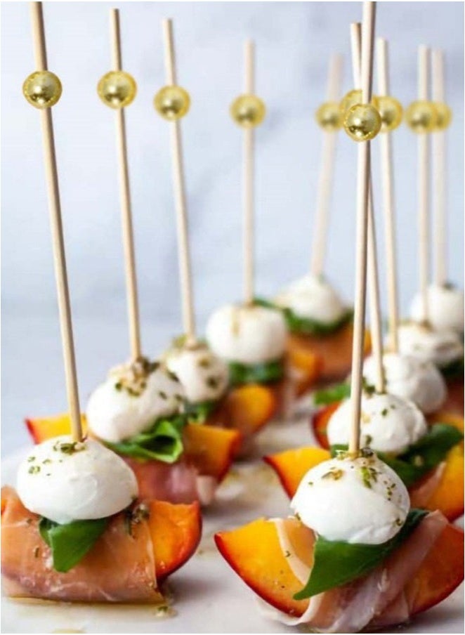 SHAOZHEN 100PCS Cocktail Picks, Fancy Toothpicks for Appetizers, Decorative Skewers for Appetizers Drinks Party Fruit,Wooden Bamboo Gold Ball Food Sticks - Image 2