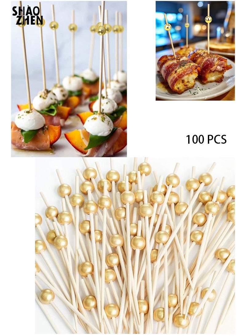 SHAOZHEN 100PCS Cocktail Picks, Fancy Toothpicks for Appetizers, Decorative Skewers for Appetizers Drinks Party Fruit,Wooden Bamboo Gold Ball Food Sticks - Image 1