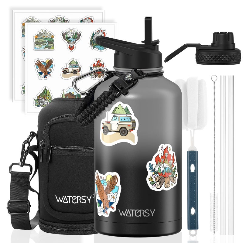 WATERSY 64oz Insulated Water Bottle (Cold for 48 Hrs),BPA Free&Leak Proof,Half Gallon Stainless Steel Water Flask,Water Jug with Straw Spout Lids for Gym,Hiking,Camping,Grey Black - Image 1