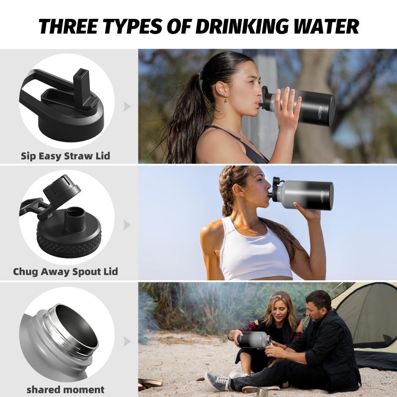 WATERSY 64oz Insulated Water Bottle (Cold for 48 Hrs),BPA Free&Leak Proof,Half Gallon Stainless Steel Water Flask,Water Jug with Straw Spout Lids for Gym,Hiking,Camping,Grey Black - Image 3