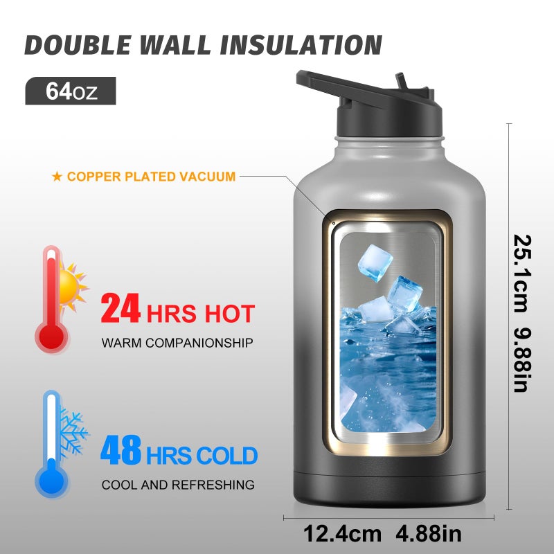 WATERSY 64oz Insulated Water Bottle (Cold for 48 Hrs),BPA Free&Leak Proof,Half Gallon Stainless Steel Water Flask,Water Jug with Straw Spout Lids for Gym,Hiking,Camping,Grey Black - Image 2