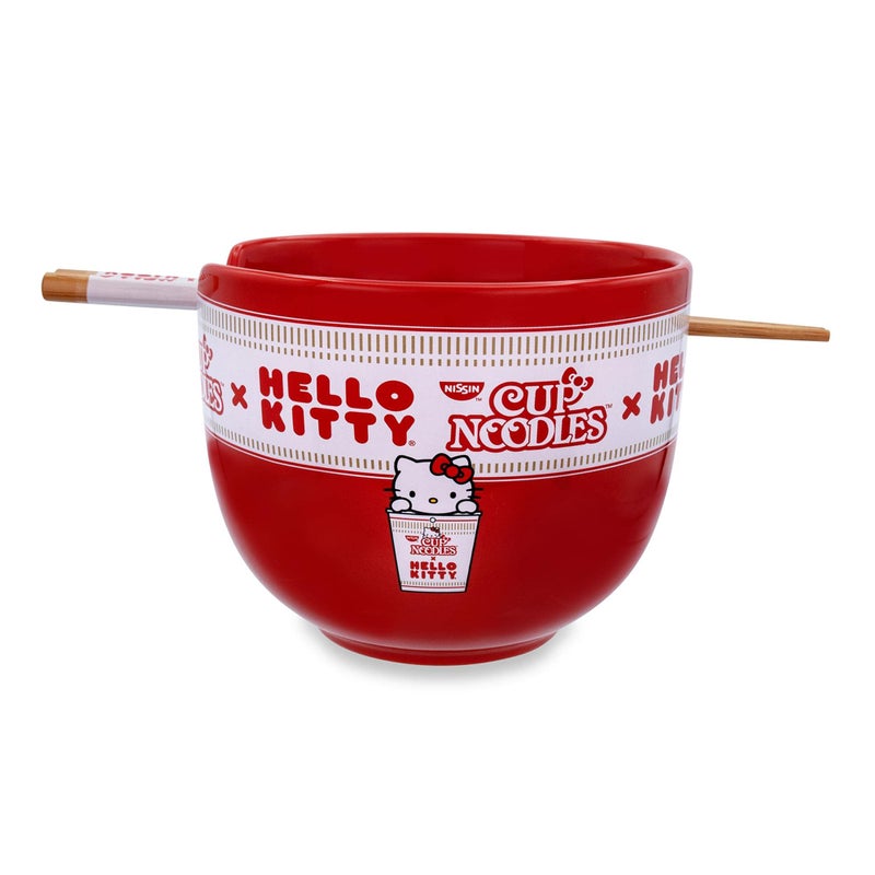 Silver Buffalo Sanrio Hello Kitty x Nissin Cup Noodles Red Ceramic Dinnerware Set  Includes Ramen Noodle Bowl and Wooden Chopsticks
