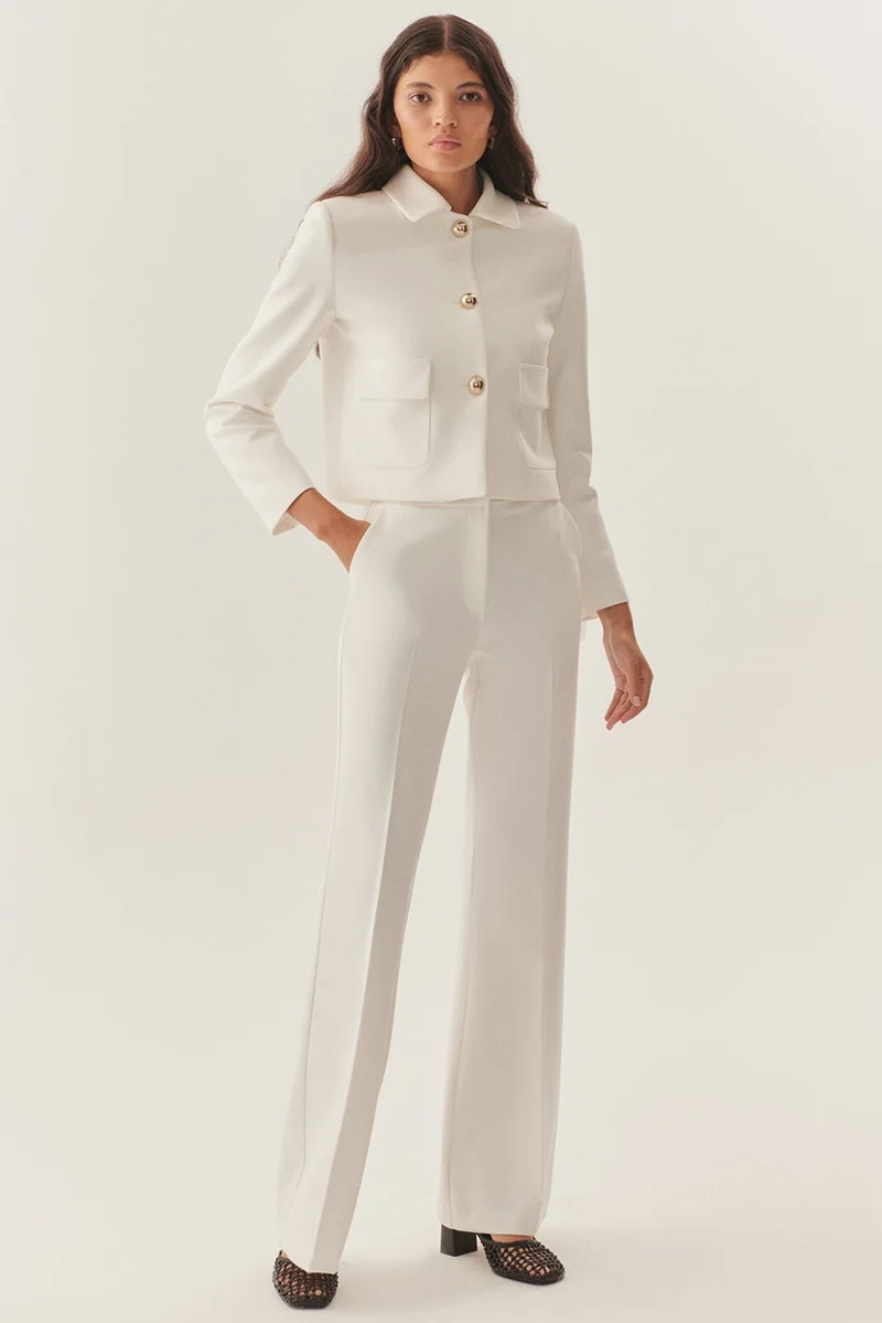 EXQUISE Shirt Collar Pocketed Regular Fit Short White Jacket